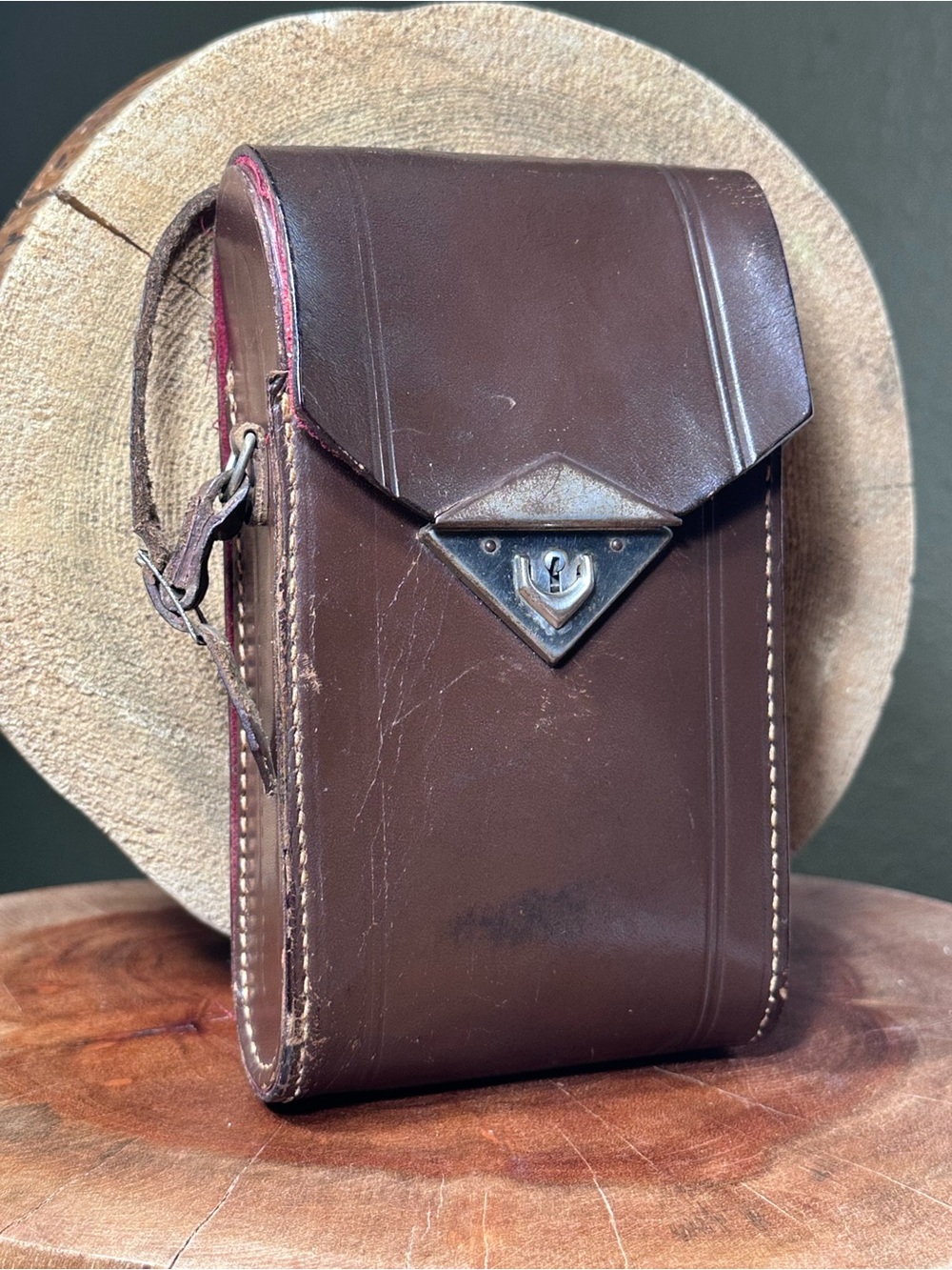 Vintage German Brown Leather Handbag / Camera Case - Art Deco Clasp